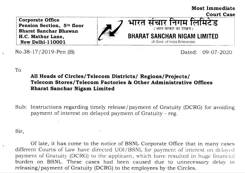 BSNL - Instructions regarding timely release / payment of Gratuity for avoiding payment of interest on delayed payment of Gratuity