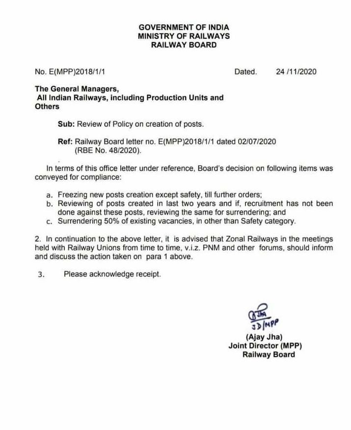 Review on creation of railway posts surrendering 50% of existing vacancies