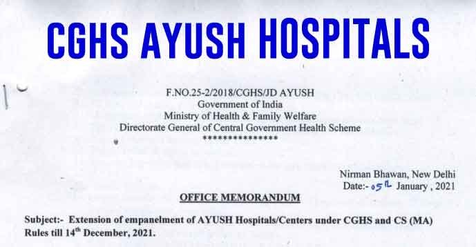 Extension of Empanelment of AYUSH Hospitals under CGHS till 14 Dec 2021