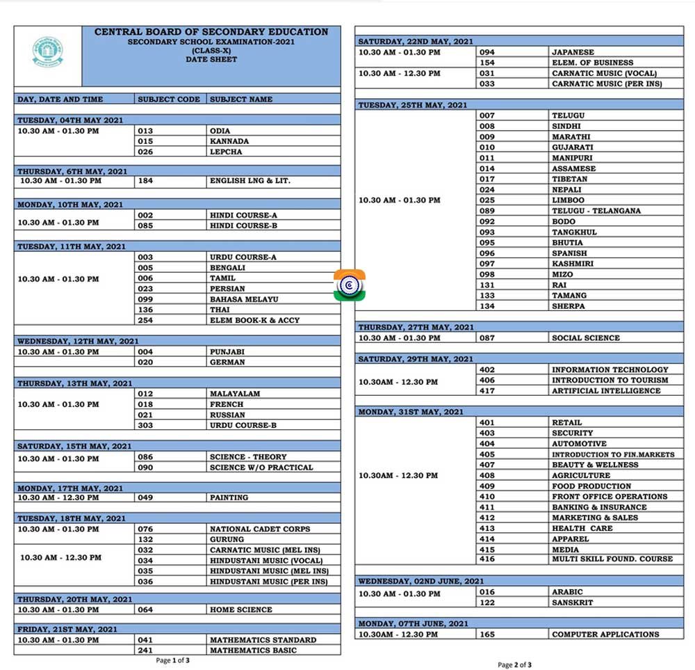 CBSE class 10th board exam time table 2021 PDF Download