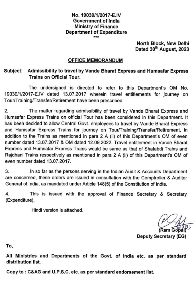 Central Govt. employees to travel by Vande Bharat Express and Humsafar Express Trains on official tour