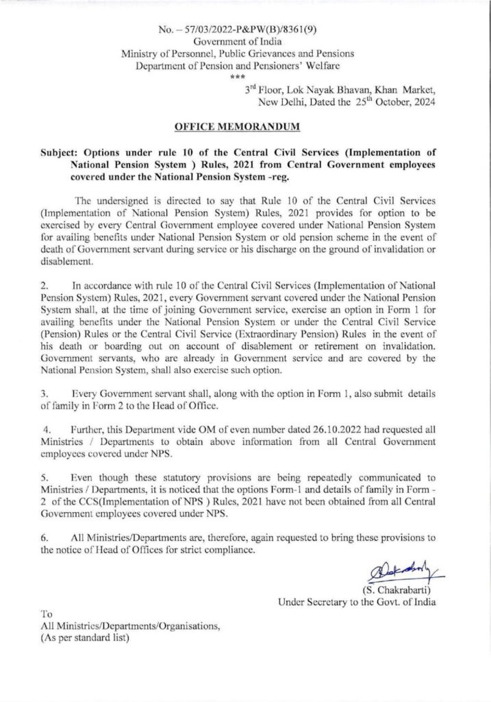 Options under rule 10 of the Central Civil Services Rules 2021 from Central Government employees covered under the National Pension System